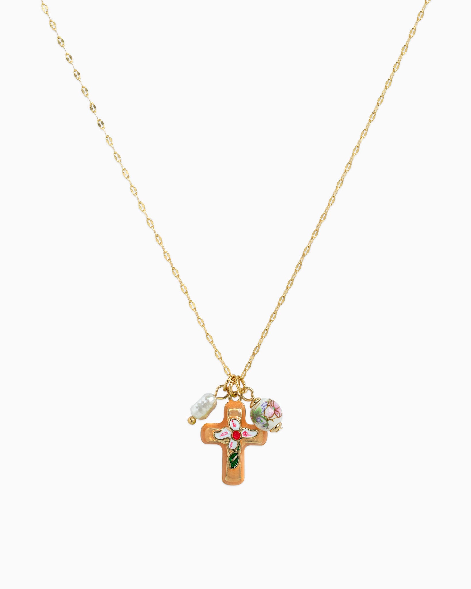 Porcelain Inspired Vintage Floral Cross Necklace
