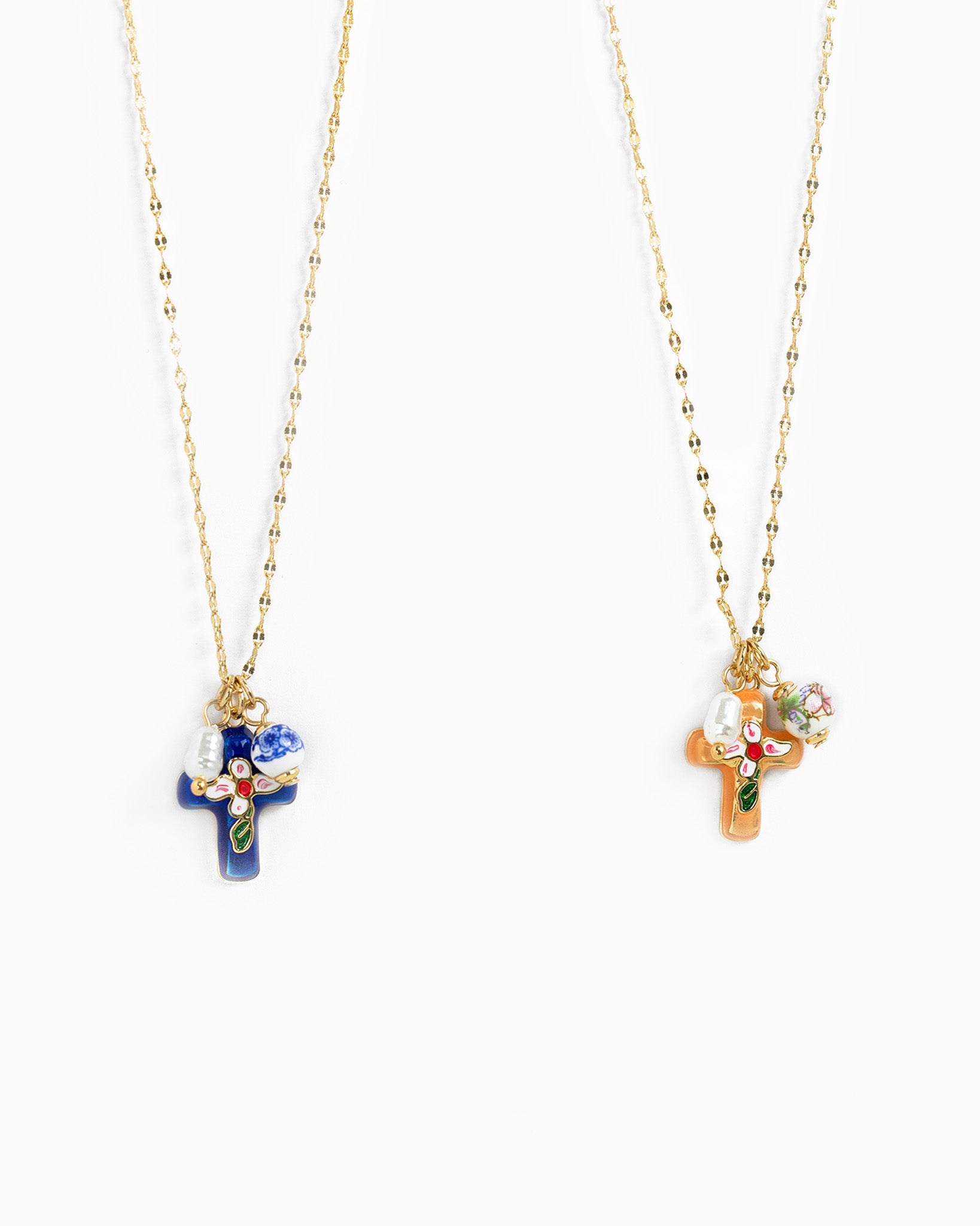 Porcelain Inspired Vintage Floral Cross Necklace