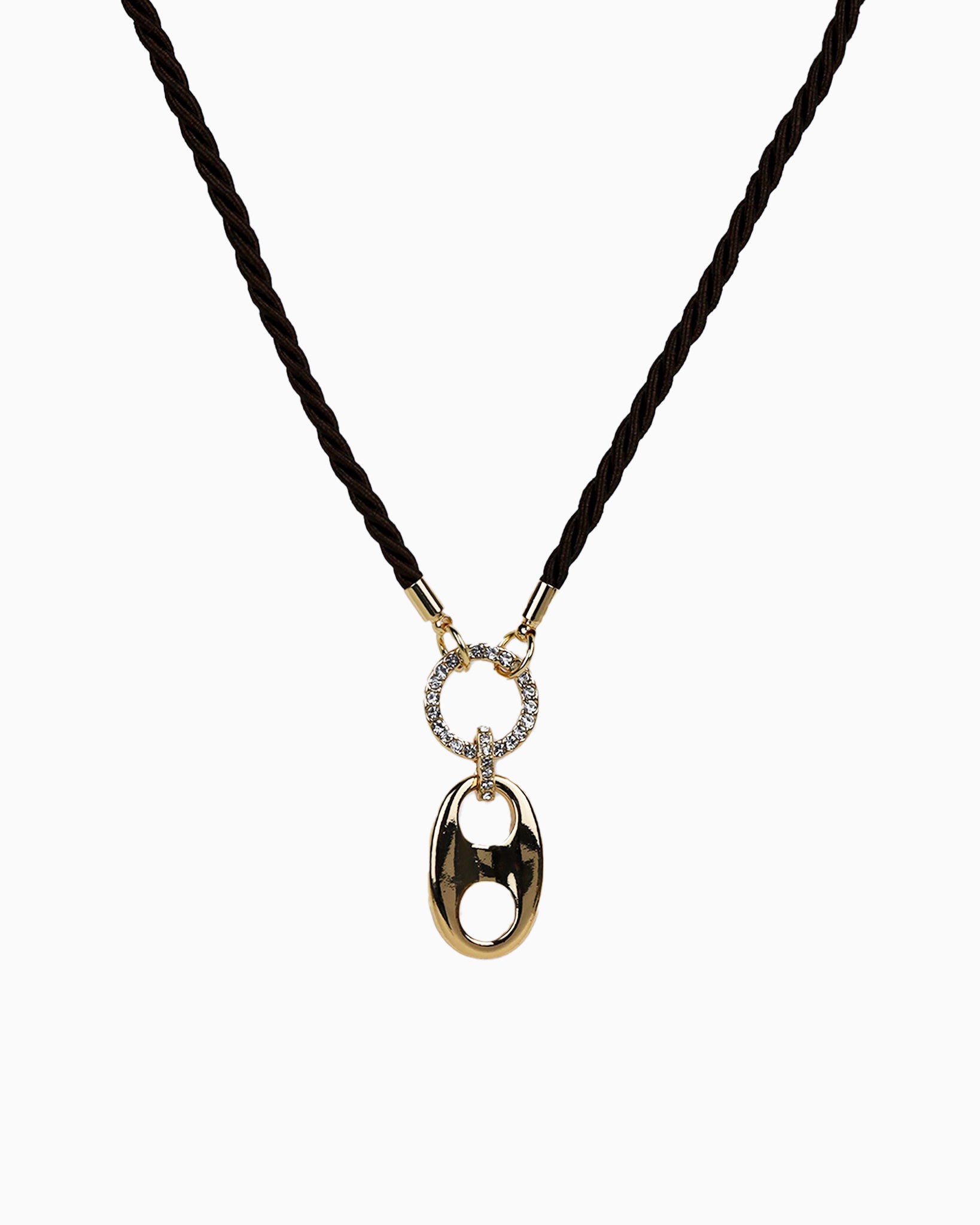 Oval Link Statement with Brown Twist Cord Necklace-3
