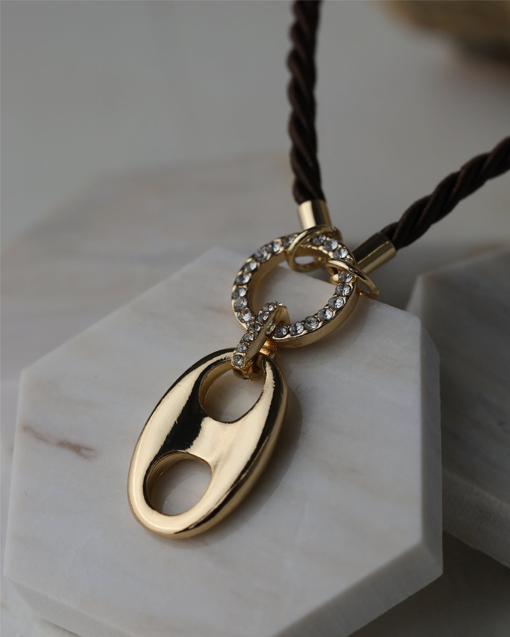 Oval Link Statement with Brown Twist Cord Necklace