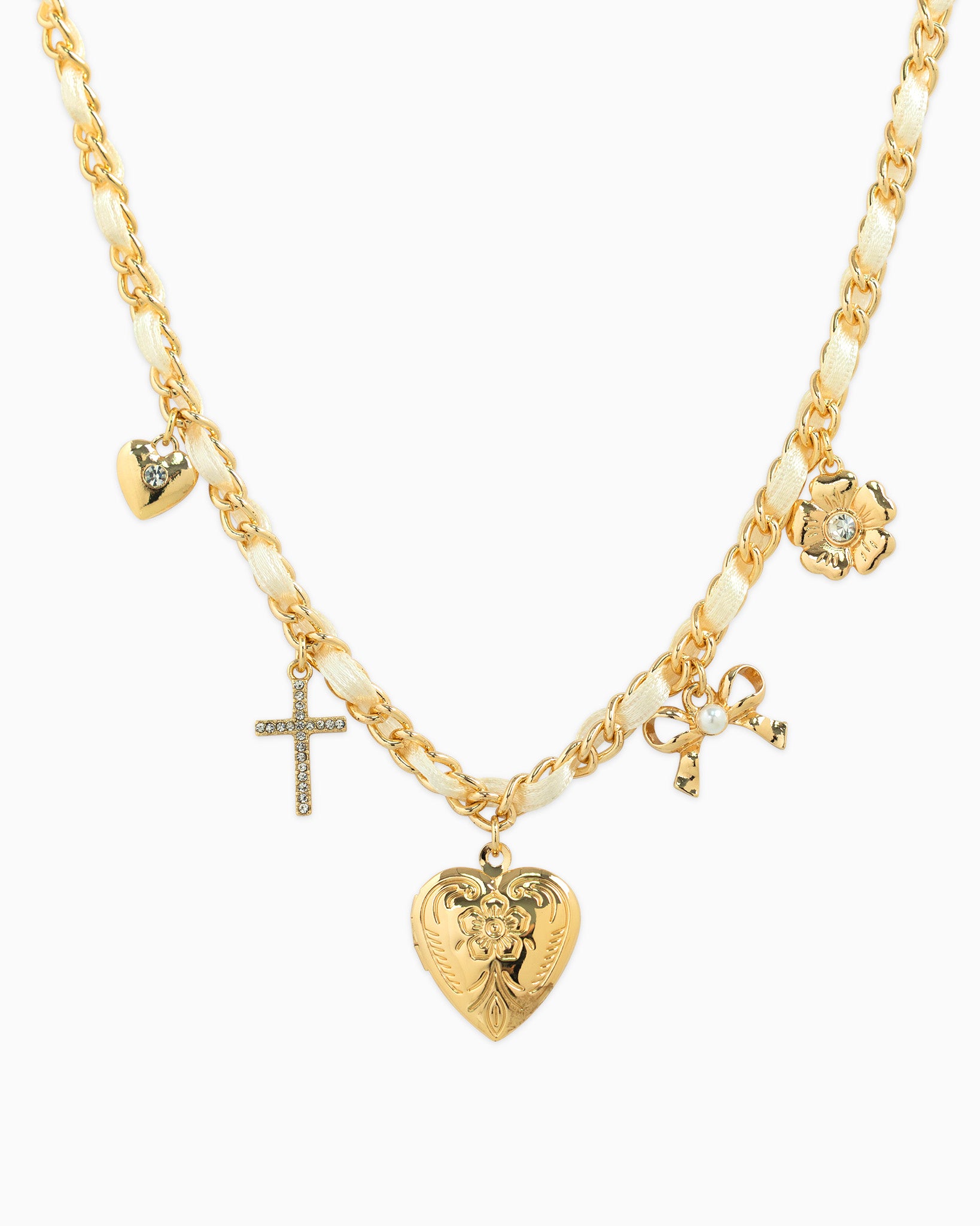Silk Bow Heart Locket Flower Charm Necklace