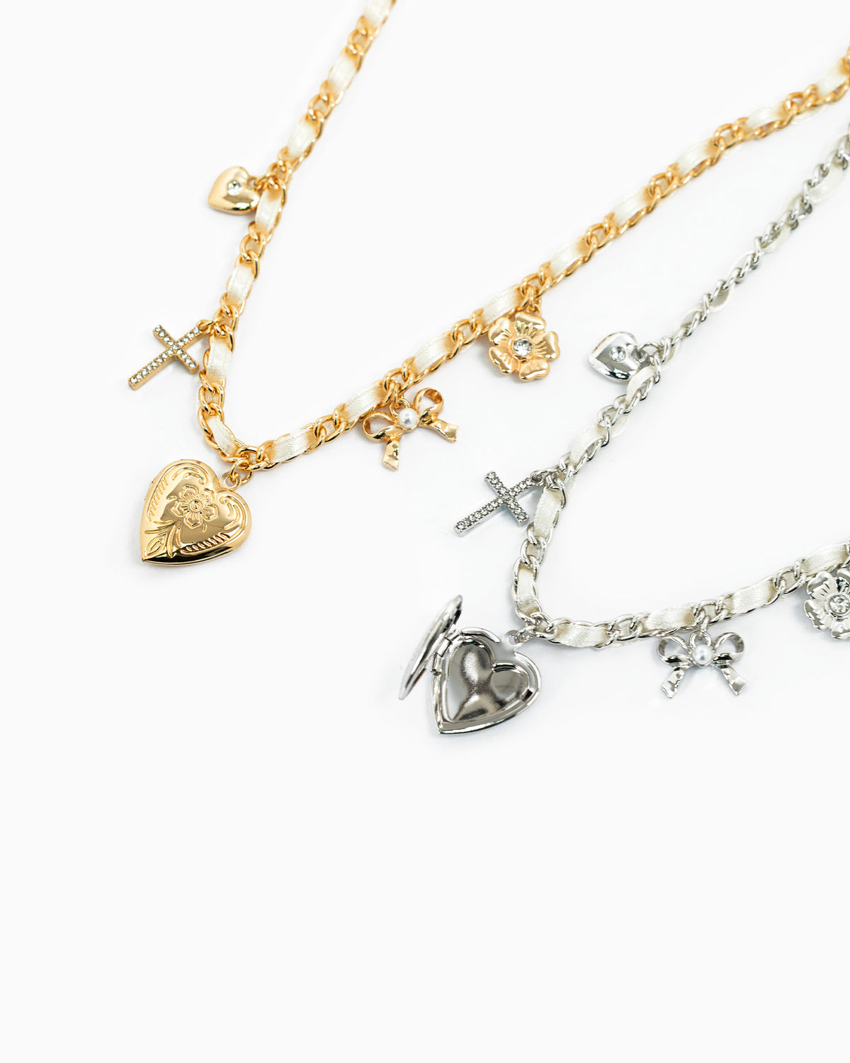 Silk Bow Heart Locket Flower Charm Necklace-3