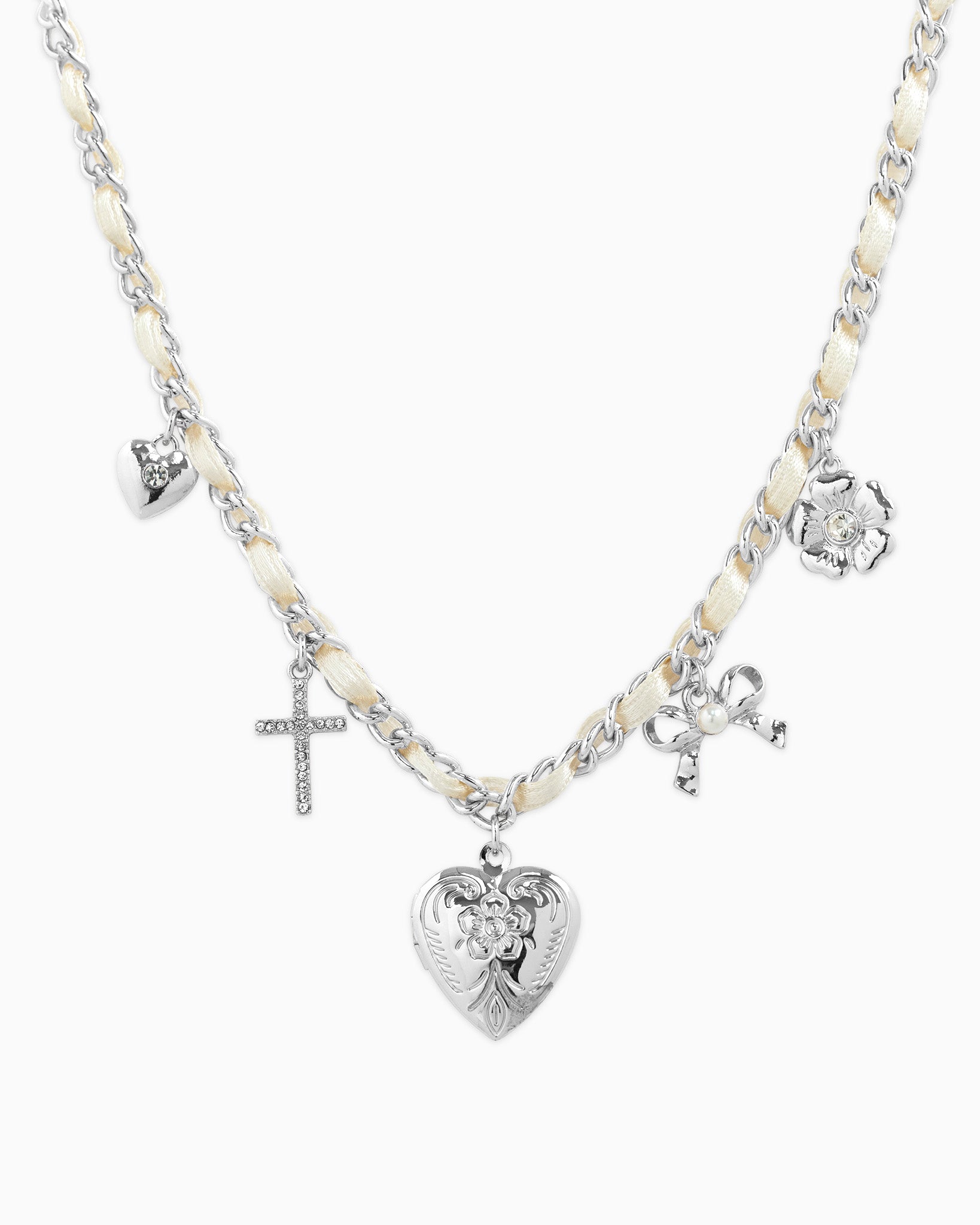 Silk Bow Heart Locket Flower Charm Necklace