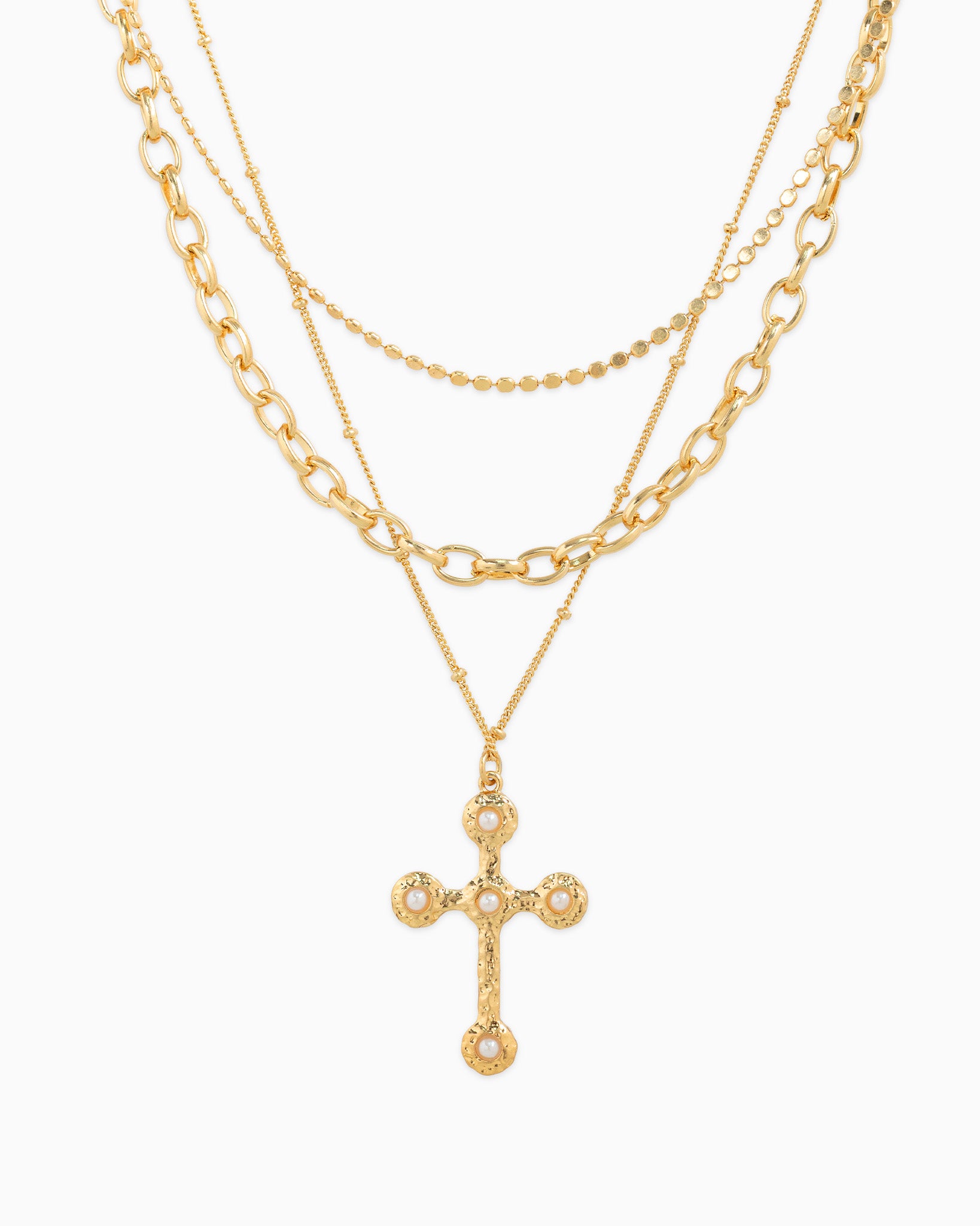 Gold chain necklace with a cross pendant on a white background