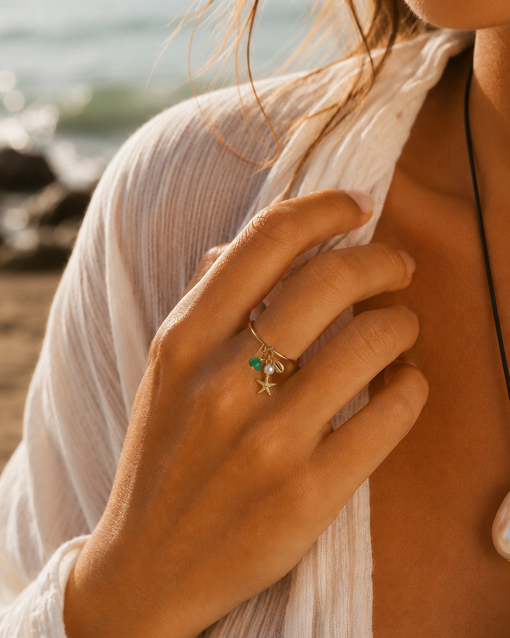 Dangle Coastal Starfish Shell Pearl Ring
