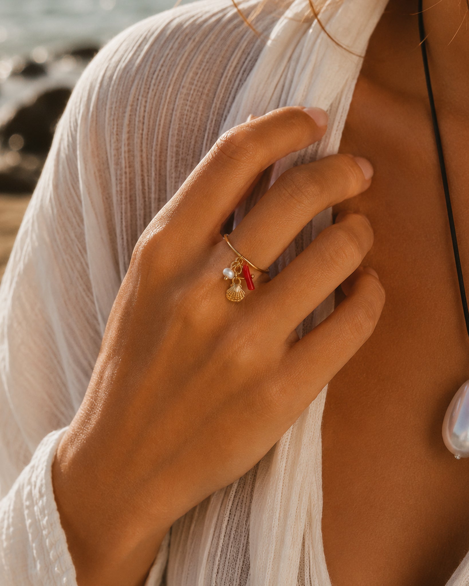 Dangle Coastal Shell Pearl Charm Ring