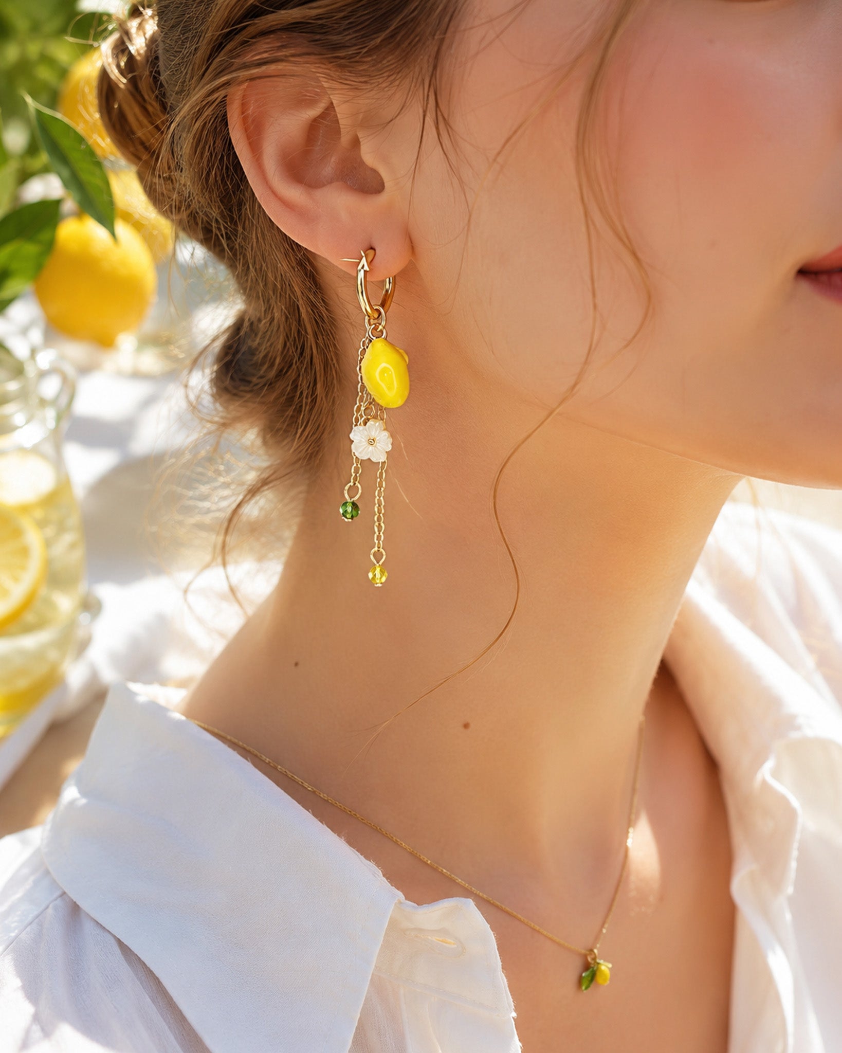 Fruit Lemon Chain Drop Hoop Earrings