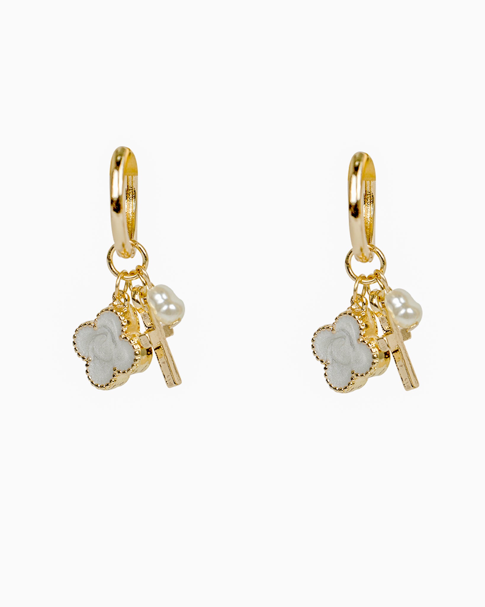 Lucky Clover Cross Pearl Charm Hoop Earrings
