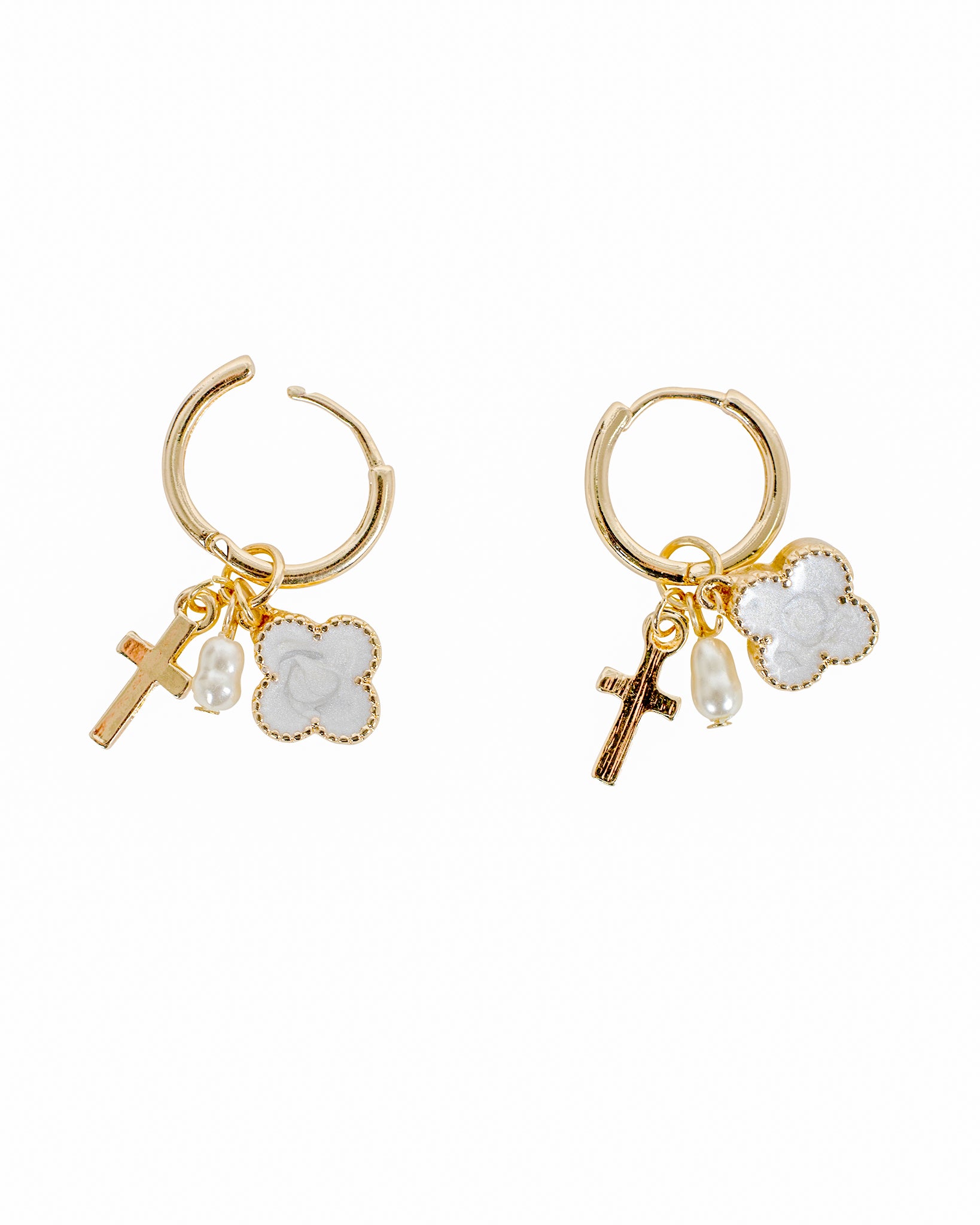 Lucky Clover Cross Pearl Charm Hoop Earrings