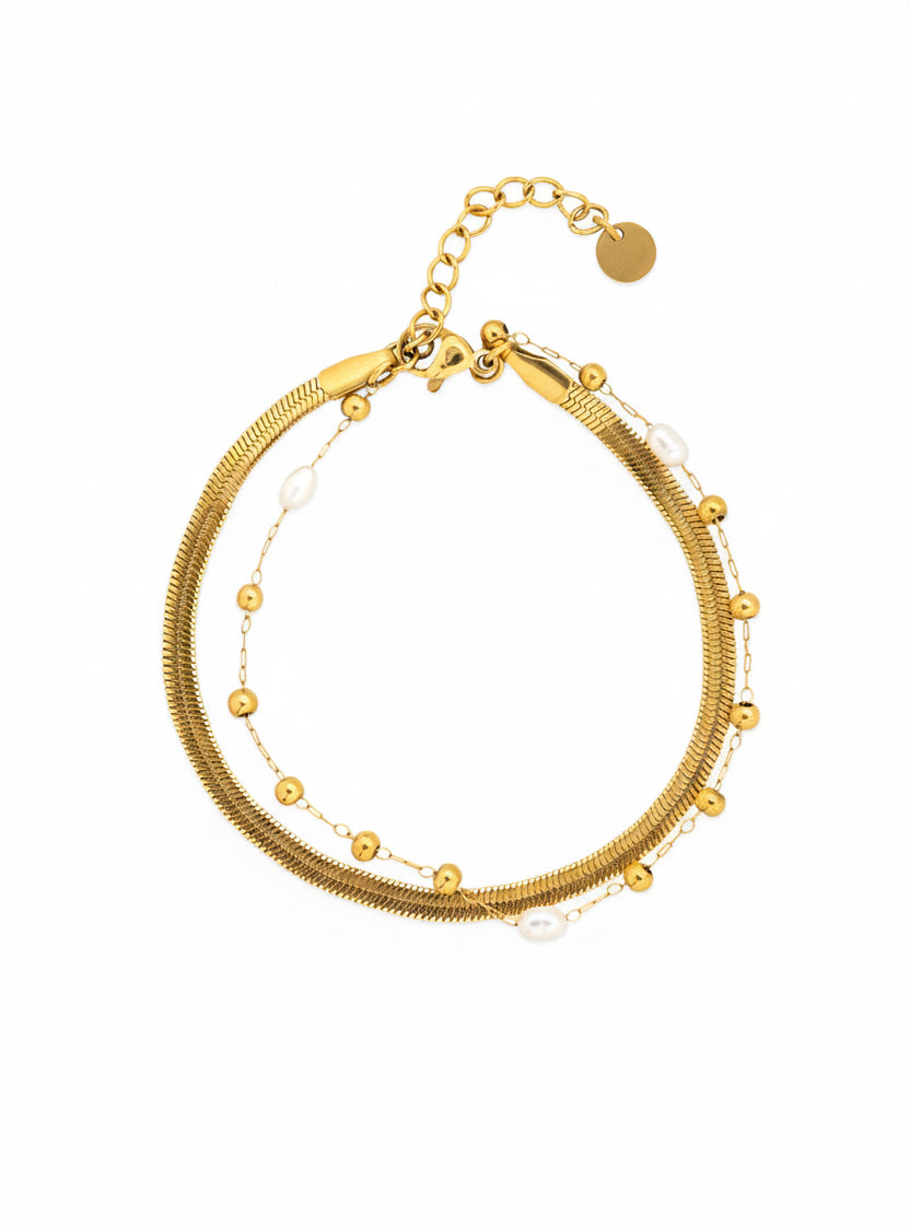 2 Layered Freshwater Pearl Ball & Snake Chain Bracelet