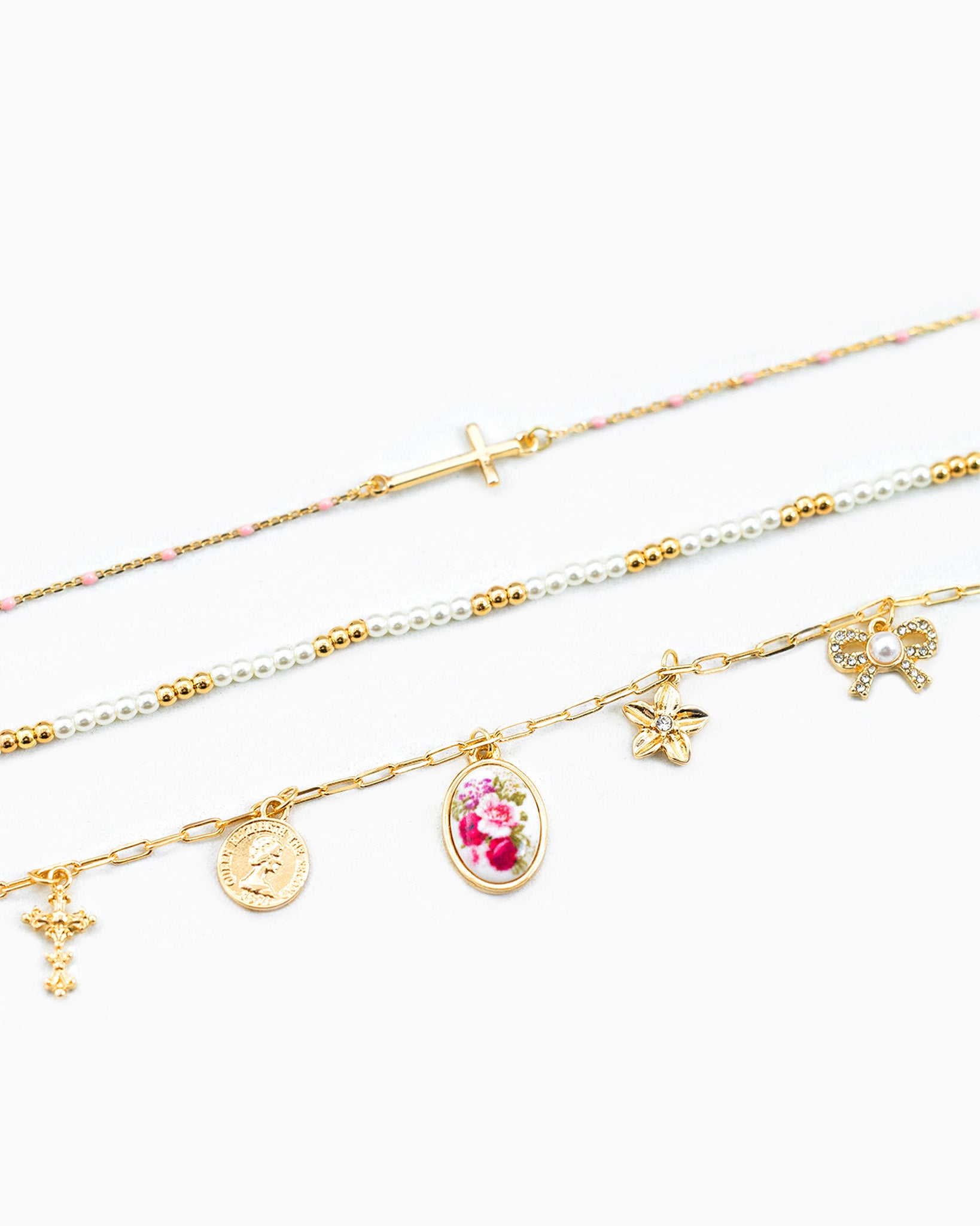 Flower Cross Multi Charm Bracelet Set of 3