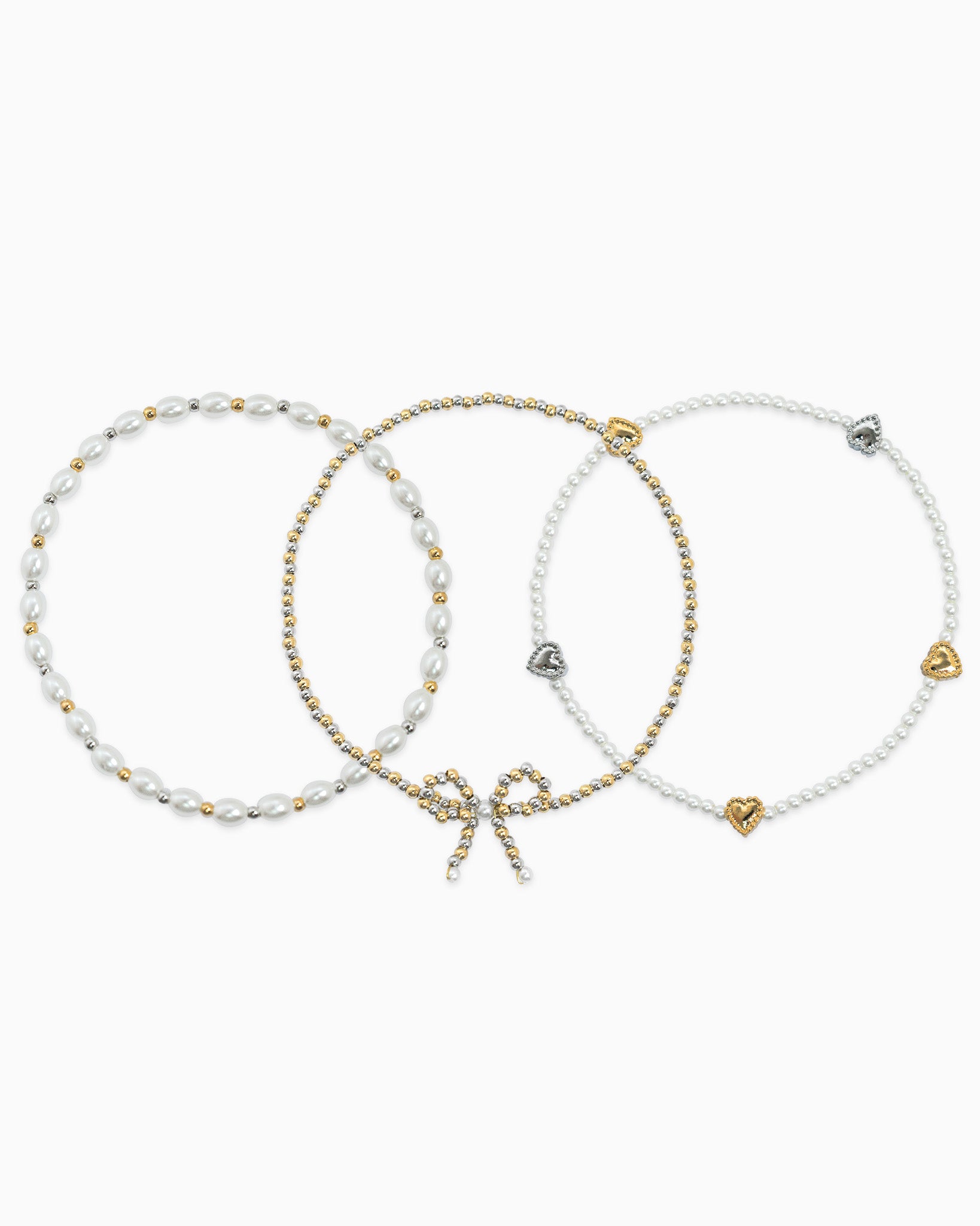 Two-Tone Pearl Beaded Bow Accent Bracelets Set