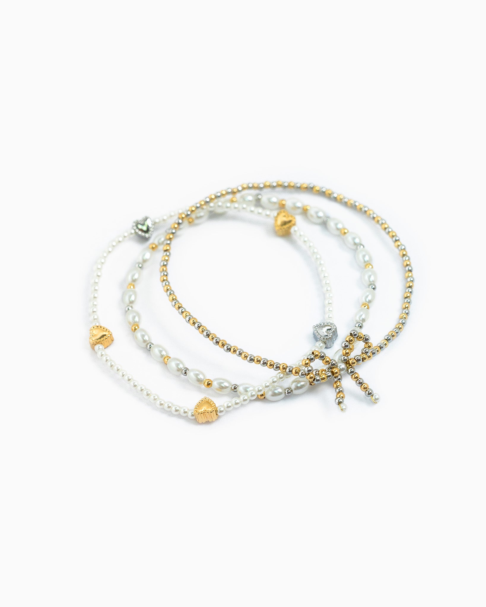 Two-Tone Pearl Beaded Bow Accent Bracelets Set