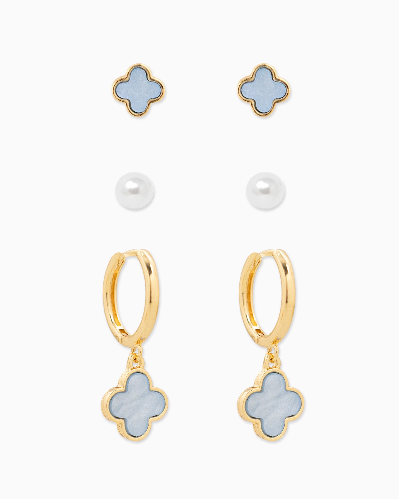 Mother of Pearl Clover Earring Set, Set of 3 – Light Blue