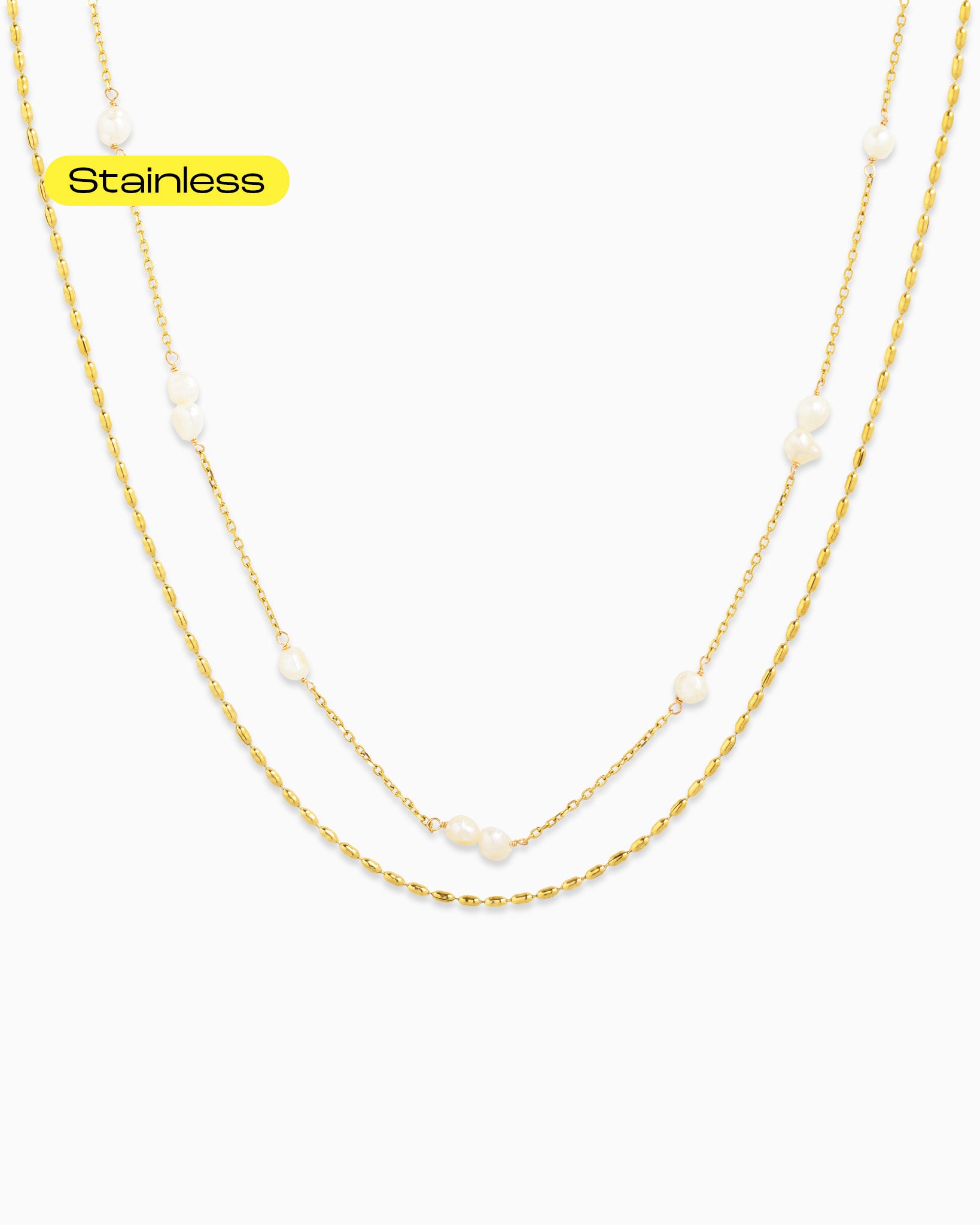 Stainless Steel Pearl Station Oval Chain Layered Necklace