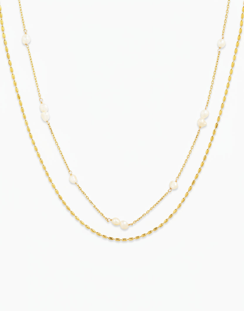 Stainless Steel Pearl Station Oval Chain Layered Necklace