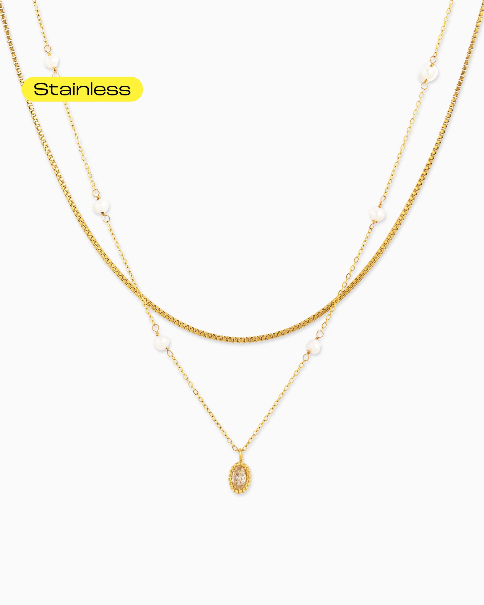 Stainless Steel Oval Pendant w/ Pearl Layered Necklace