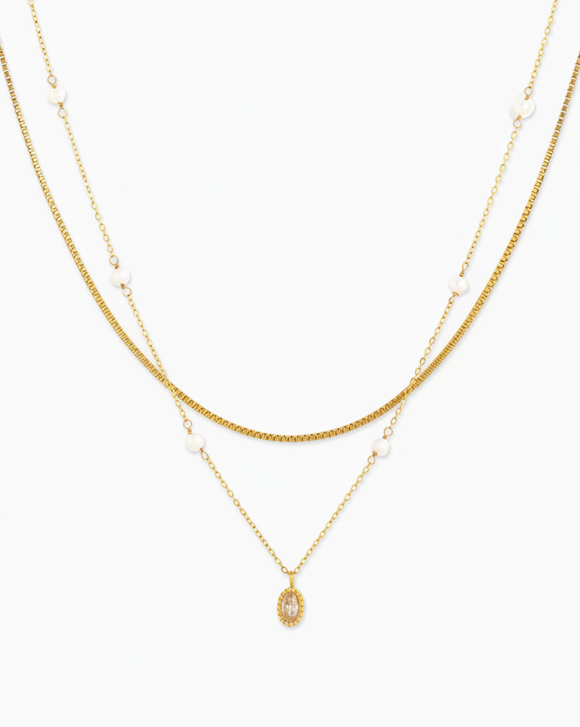 Stainless Steel Oval Pendant w/ Pearl Layered Necklace