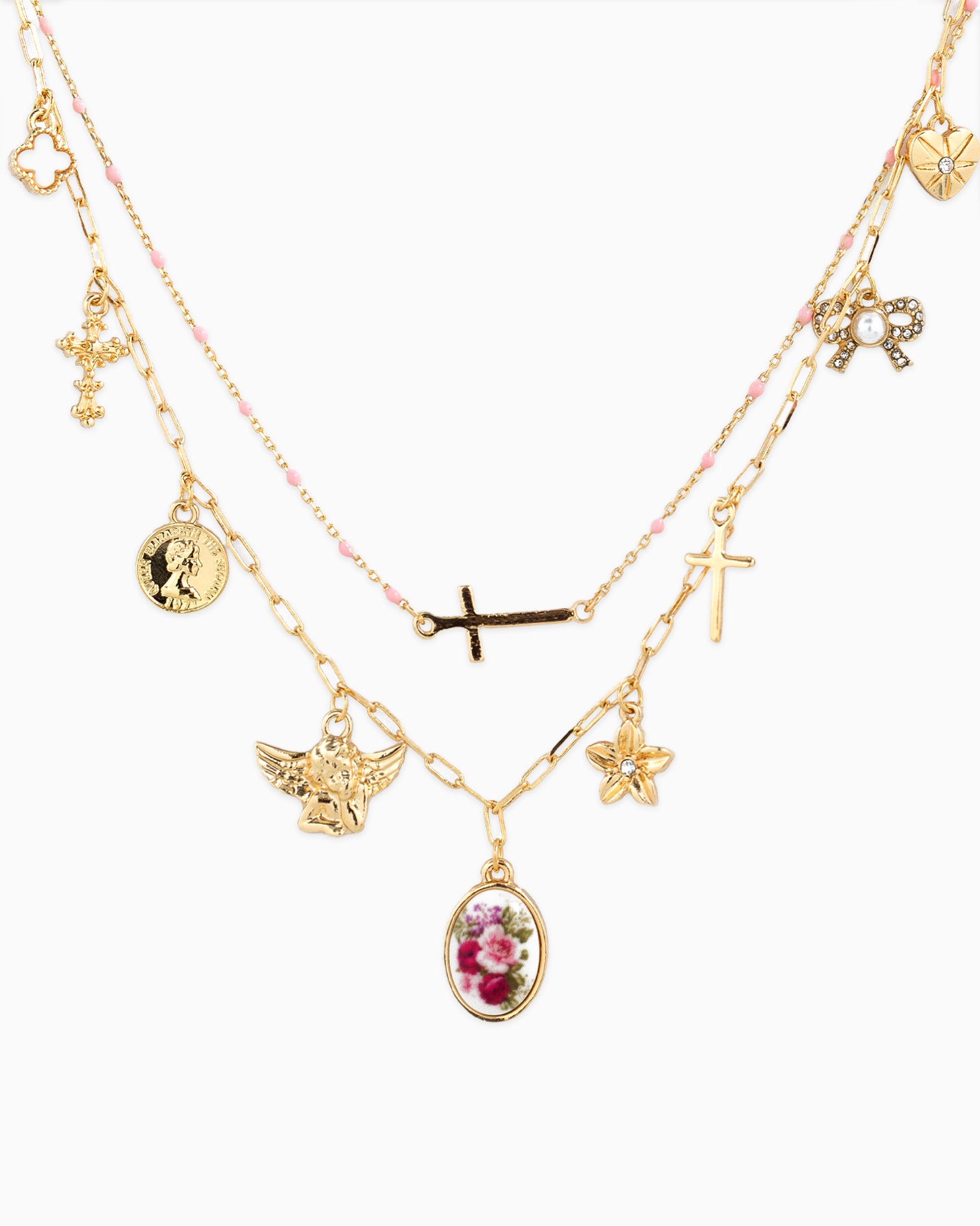 Flower Cross Multi Charm Layered Necklace