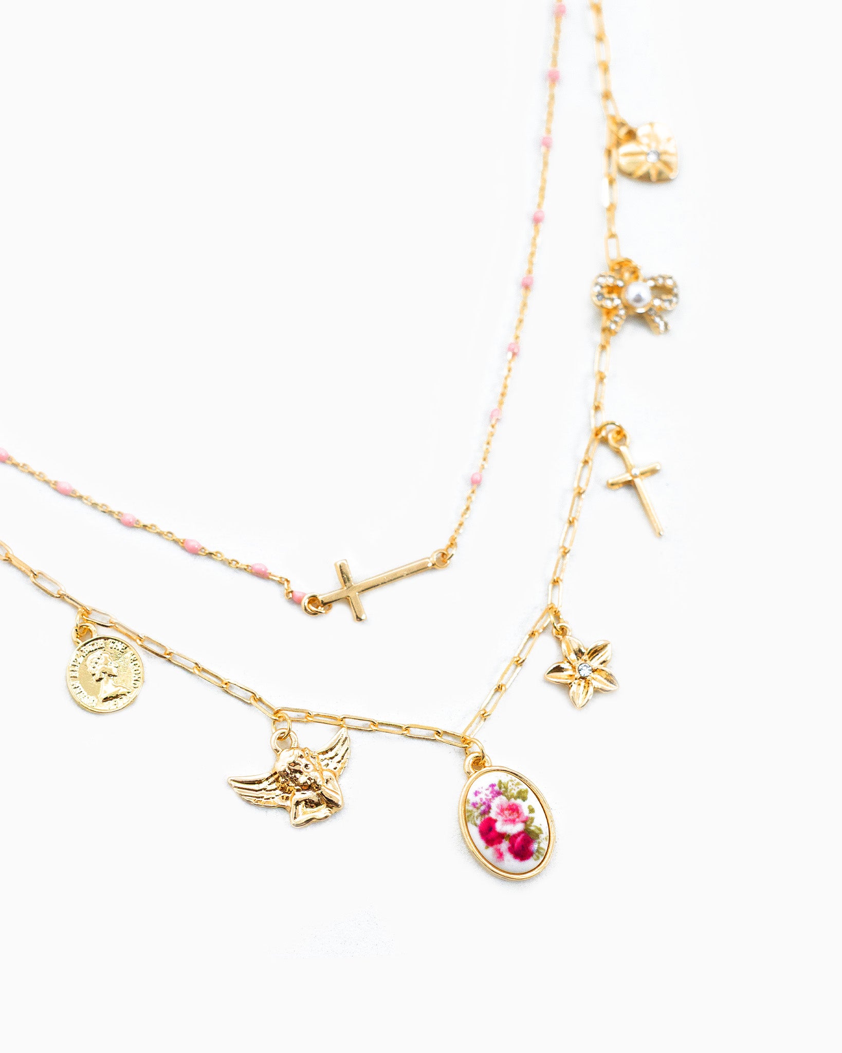 Flower Cross Multi Charm Layered Necklace