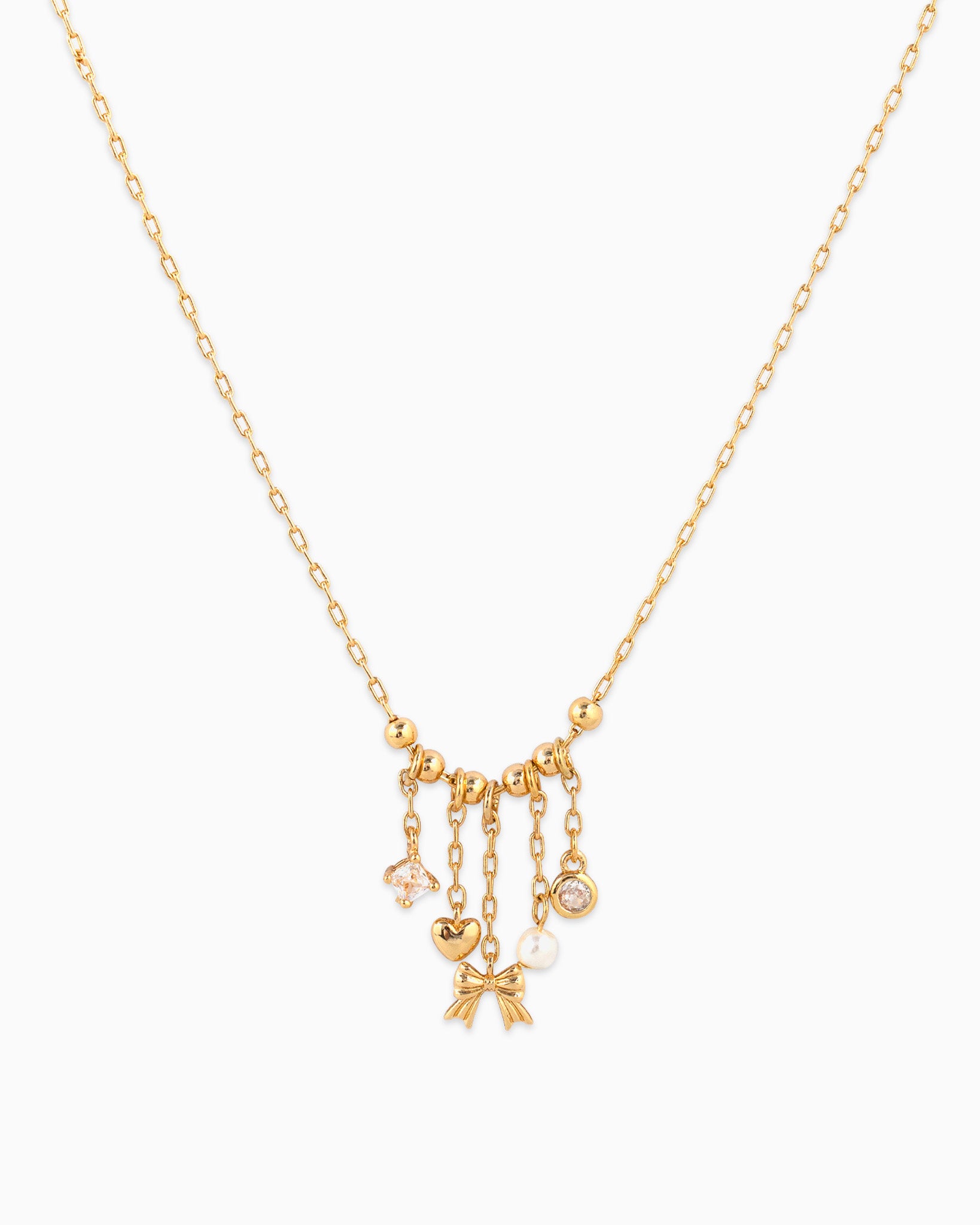 Dainty Bow and Heart Charm Cluster Necklace