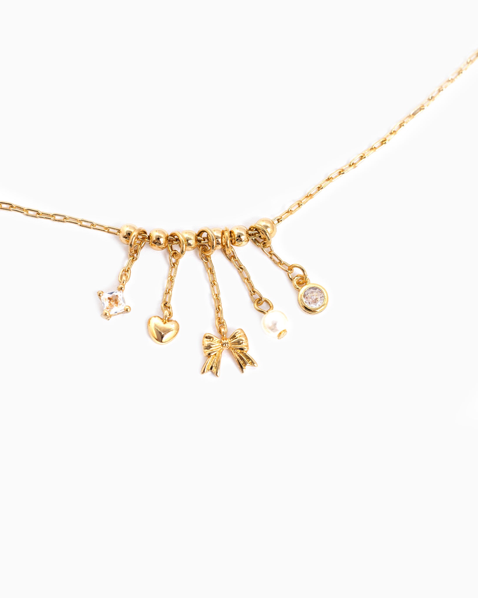 Dainty Bow and Heart Charm Cluster Necklace