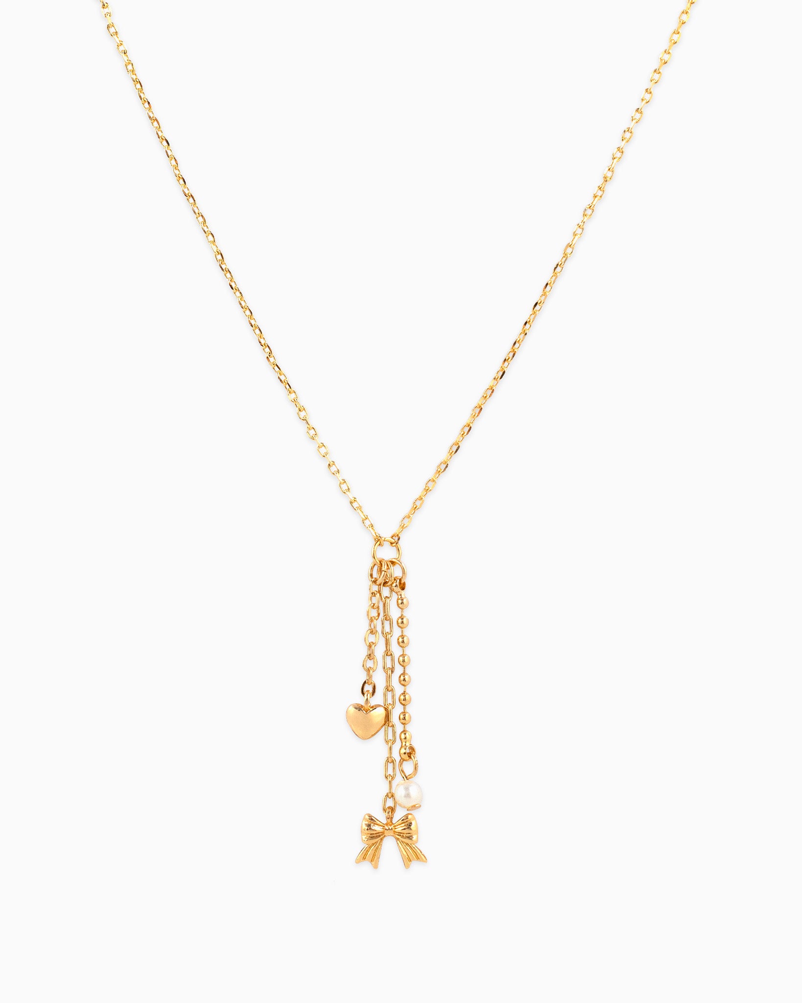 Y Drop Heart Ribbon Linear Necklace