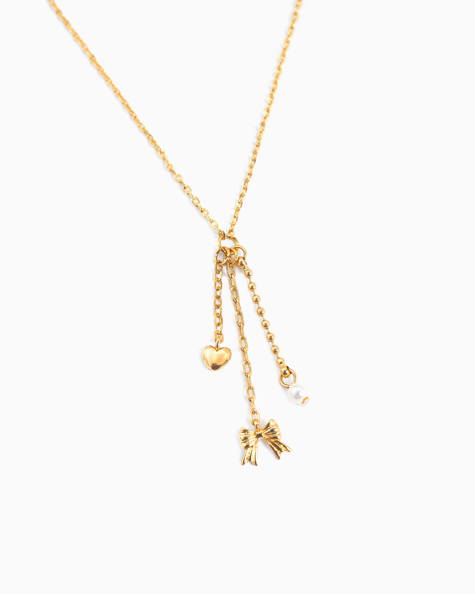 Y Drop Heart Ribbon Linear Necklace