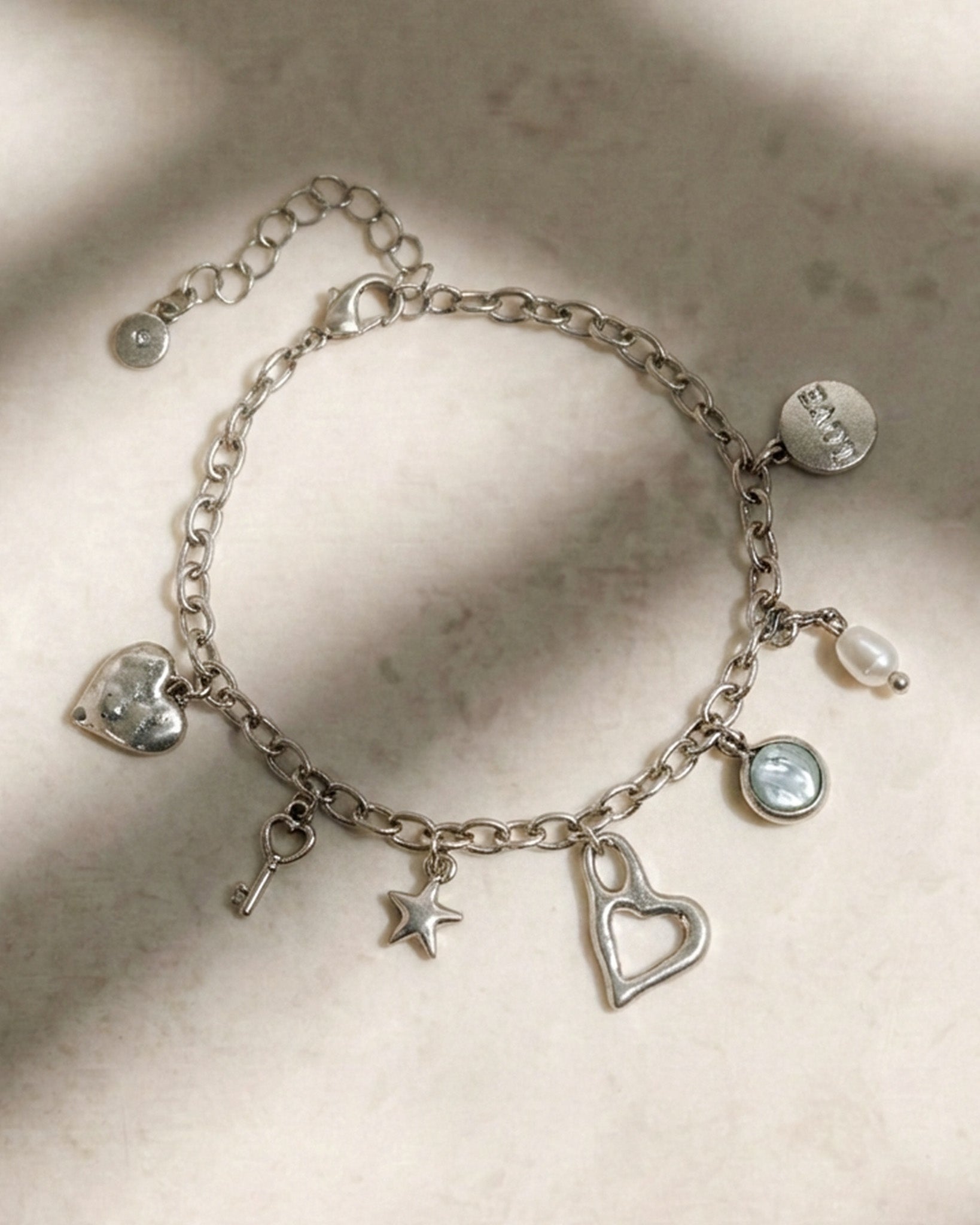 Vintage Heart Key Pearl Charm Bracelet