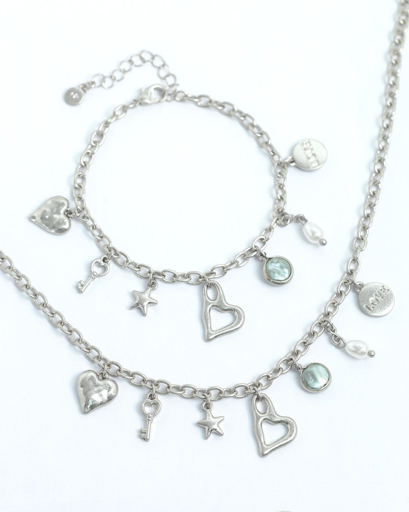 Vintage Heart Key Pearl Charm Bracelet