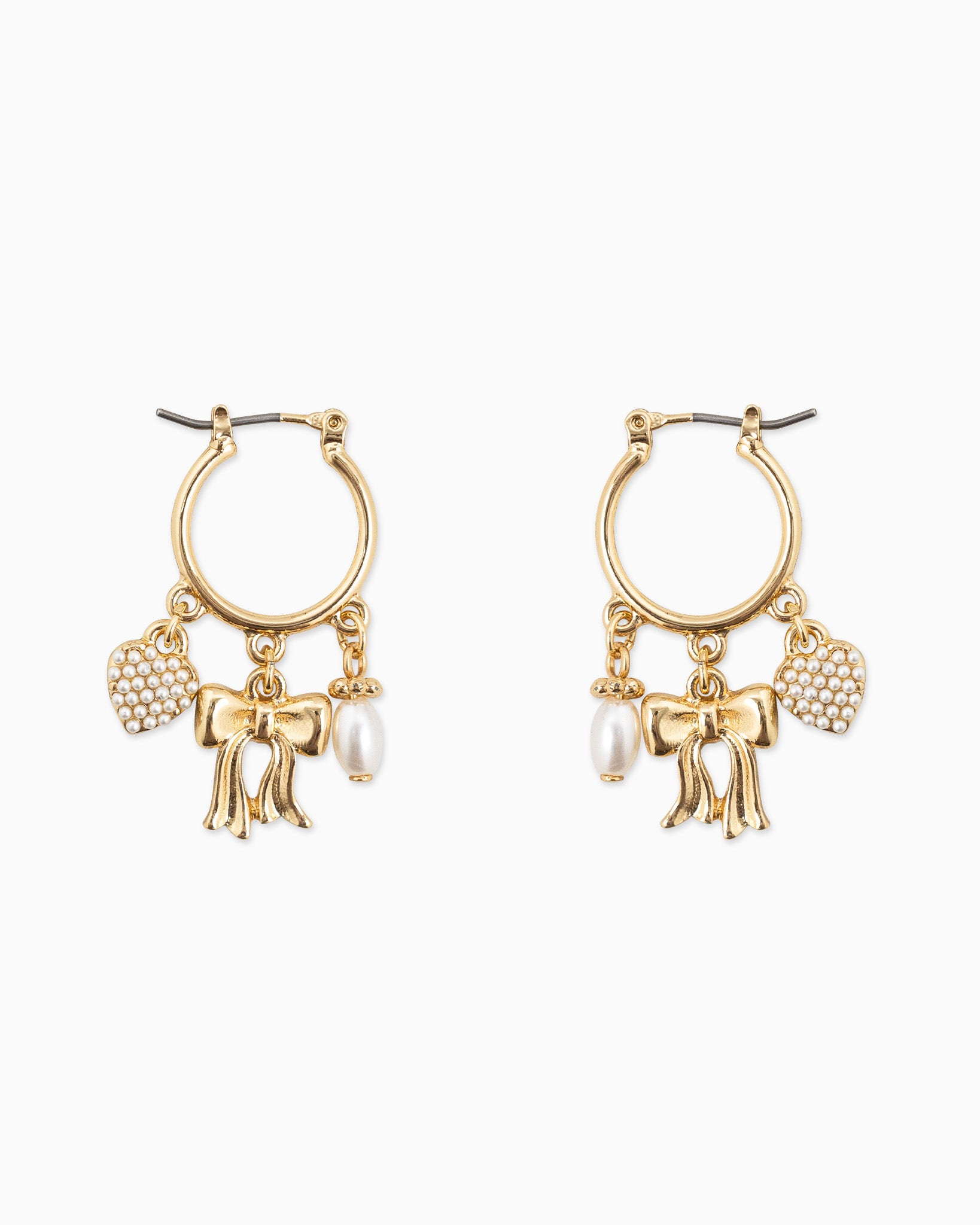 Bow and Pearl Heart Charm Drop Earrings