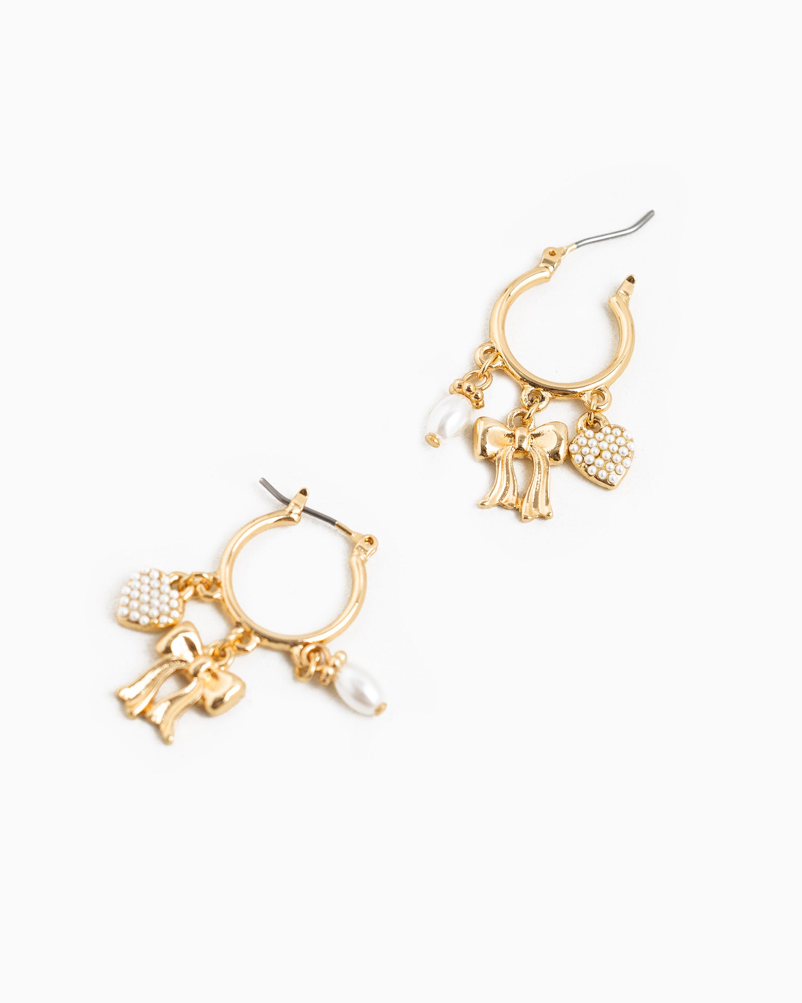 Bow and Pearl Heart Charm Drop Earrings