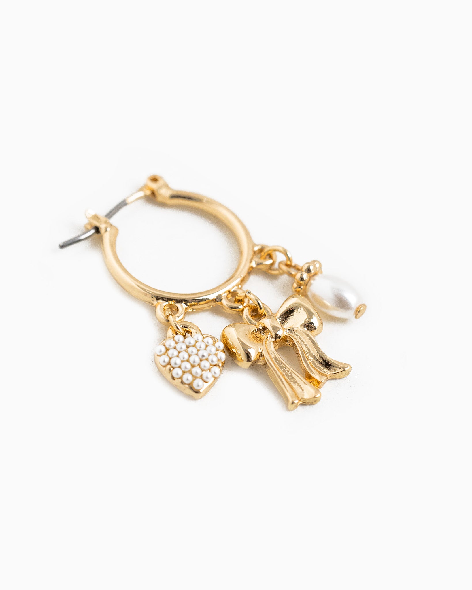 Bow and Pearl Heart Charm Drop Earrings