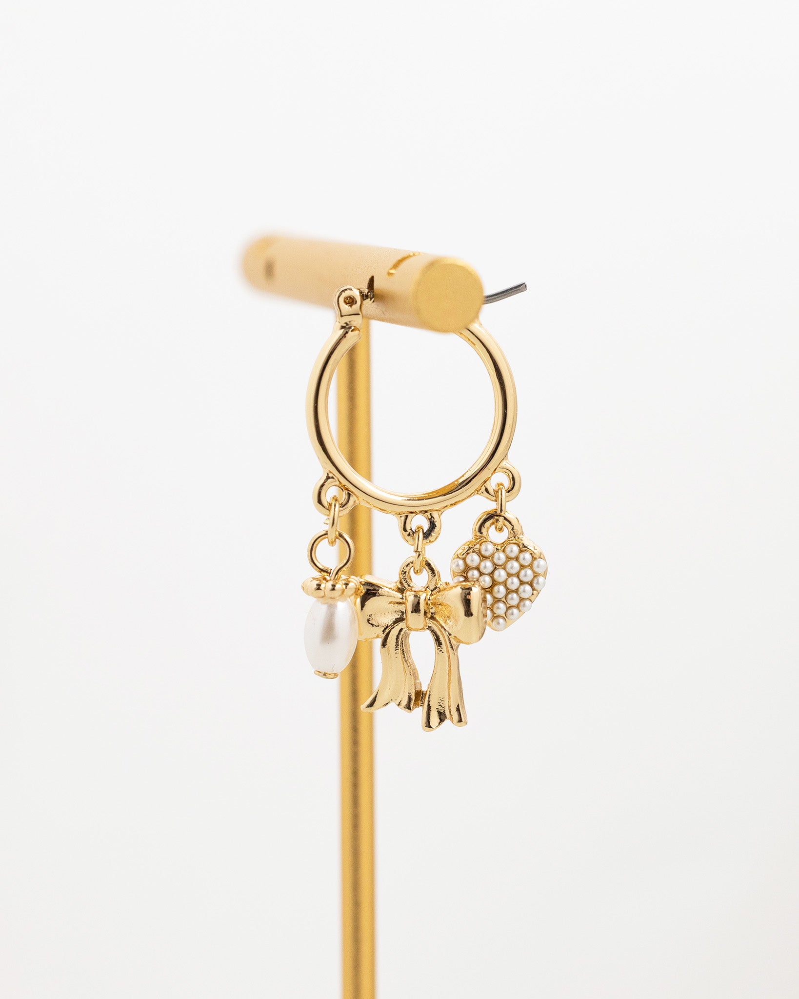 Bow and Pearl Heart Charm Drop Earrings