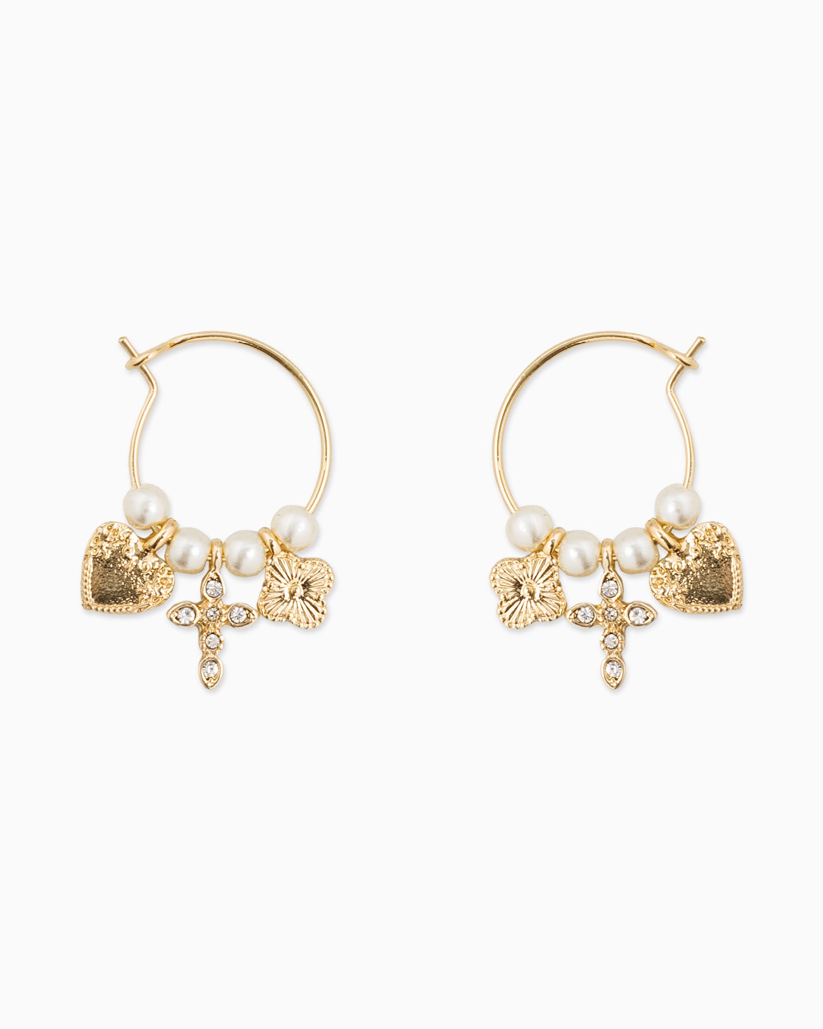 Gothic Cross Pearl Charm Medium Hoop Earrings