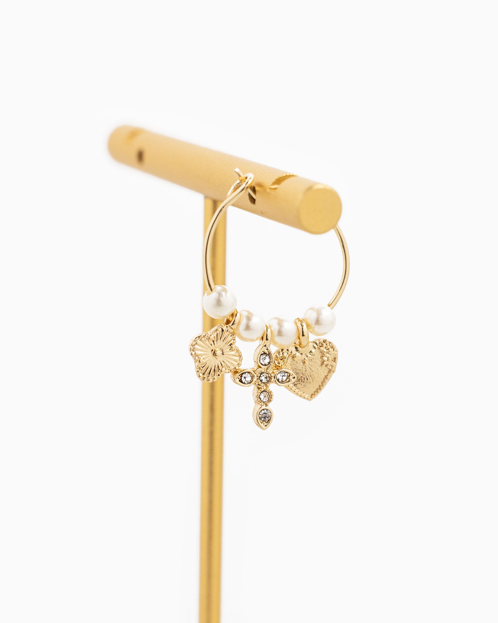 Gothic Cross Pearl Charm Medium Hoop Earrings