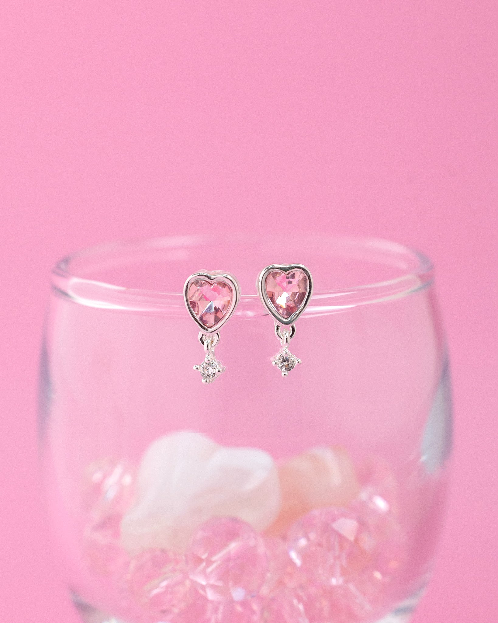 Pink Heart Glass Drop Earrings with CZ Accent