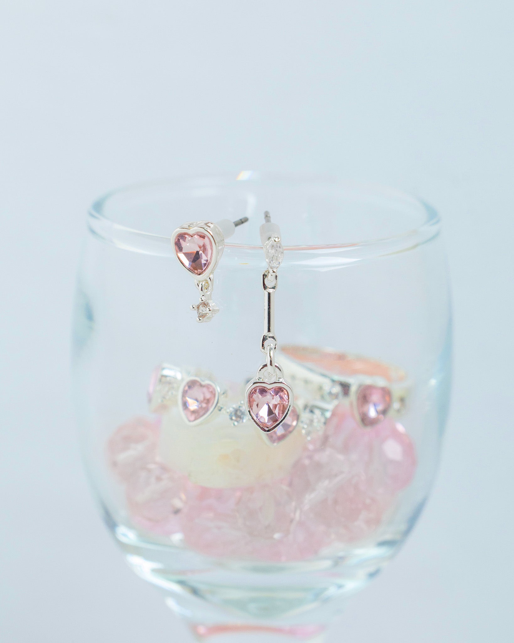 Pink Heart Glass Drop Earrings with CZ Accent