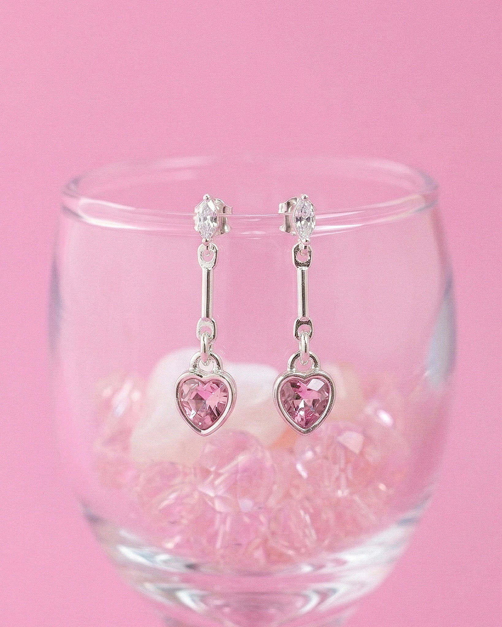 Pink Heart Halo Drop Earrings with CZ Accents