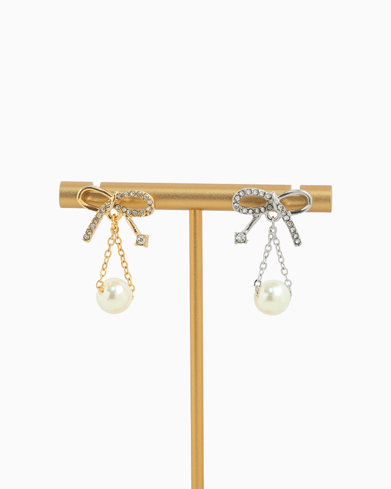 Half Pave Bow Pearl Drop Earrings-3
