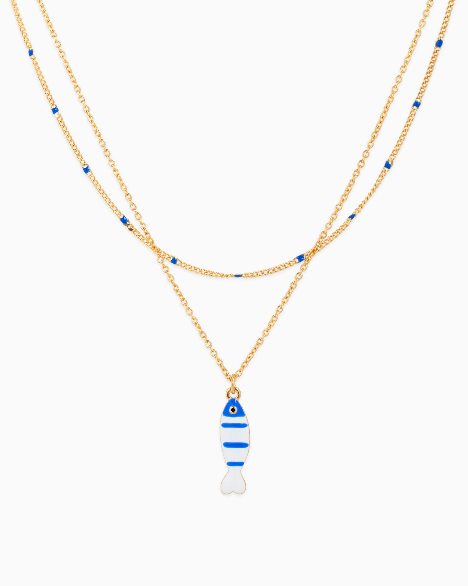 Layered Sea Life Marine Blue Fish Charm Necklace - Gold