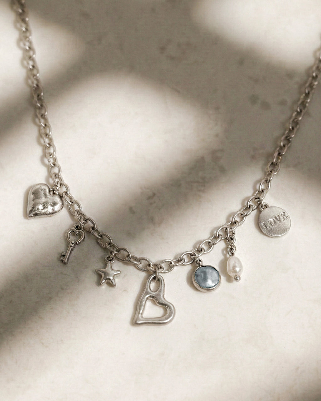 Vintage Heart Key Pearl Charm Necklace