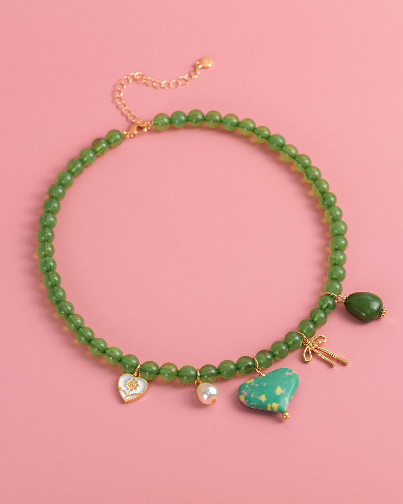 Green Jade Marbled Heart Bead Necklace