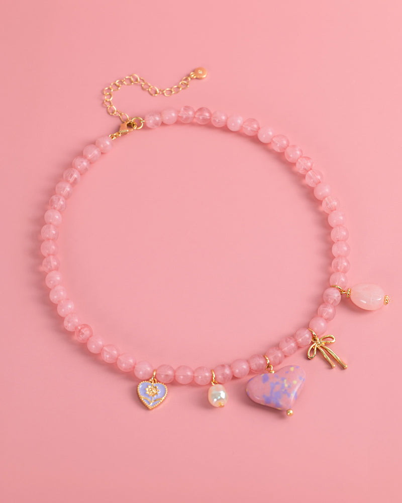 Pink Jade Marbled Heart Bead Necklace