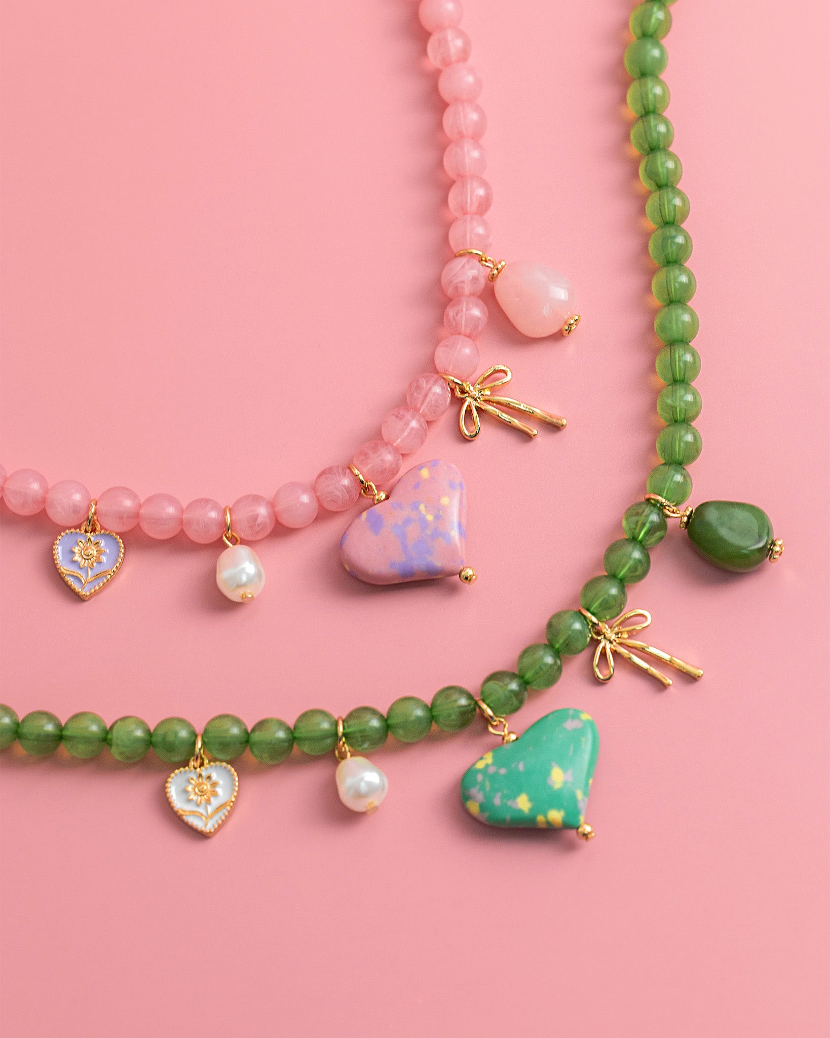 Pink Jade Marbled Heart Bead Necklace