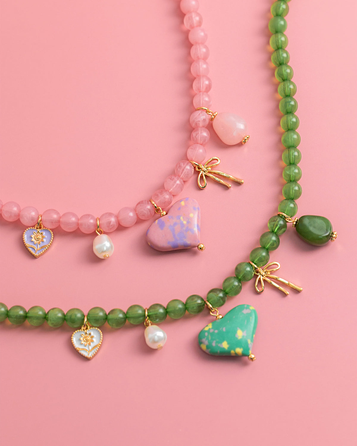 Pink Jade Marbled Heart Bead Necklace