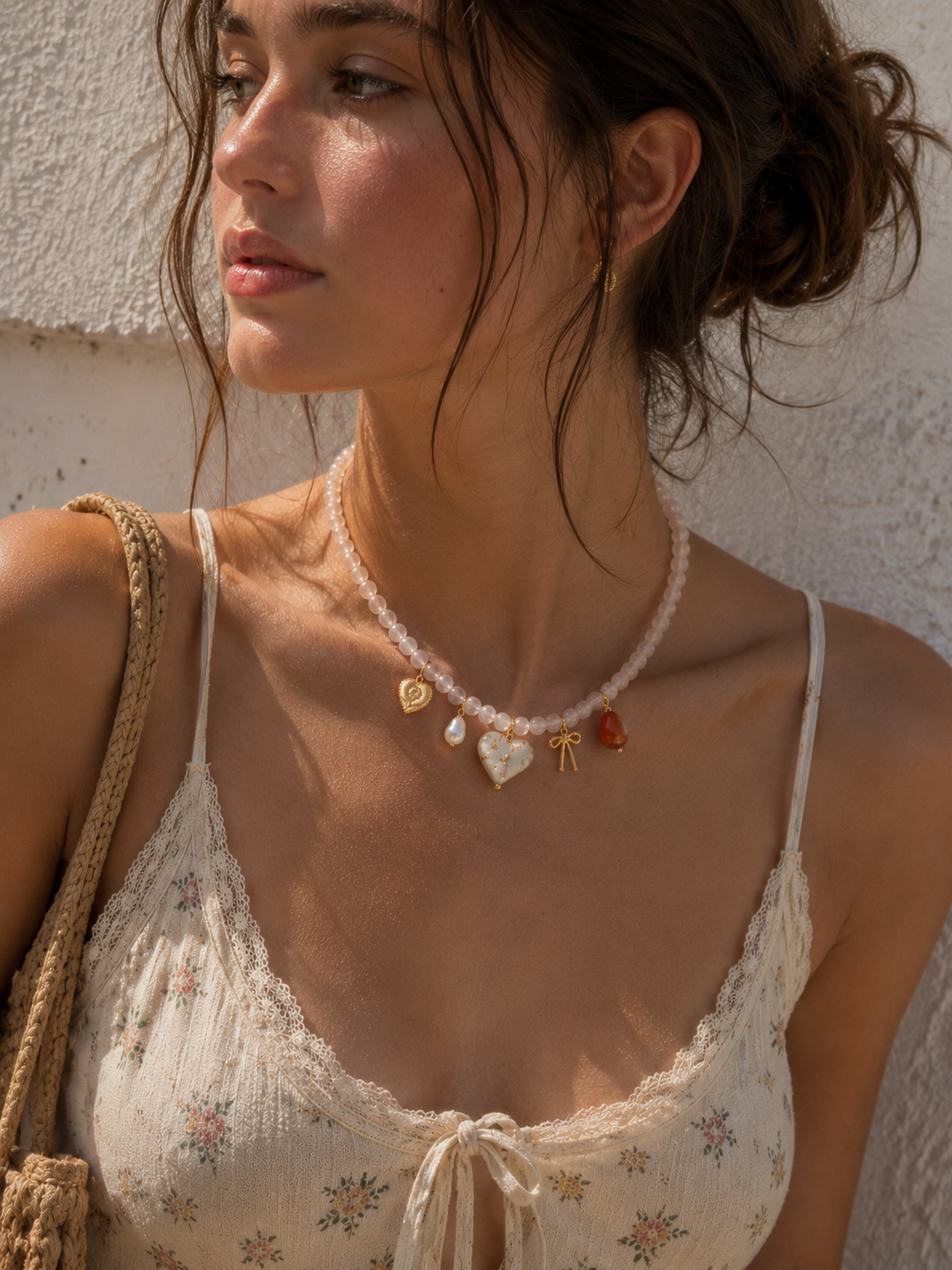 Ivory Jade Marbled Valentine Heart Bead Necklace