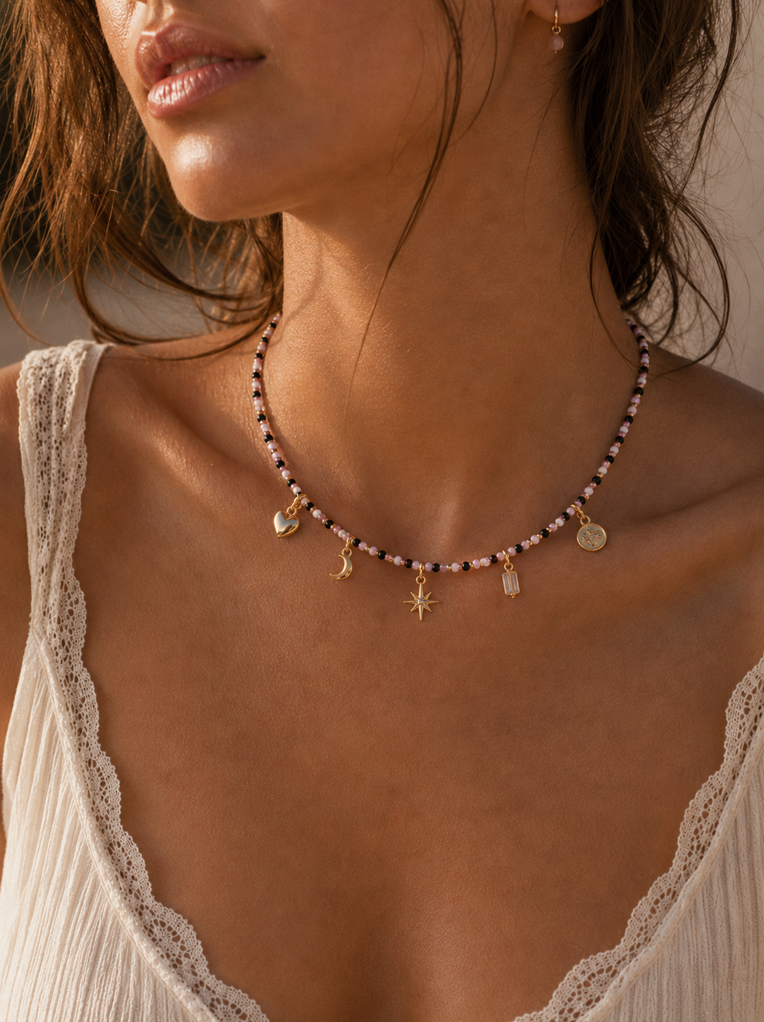 Star Moon Charm Beaded Necklace