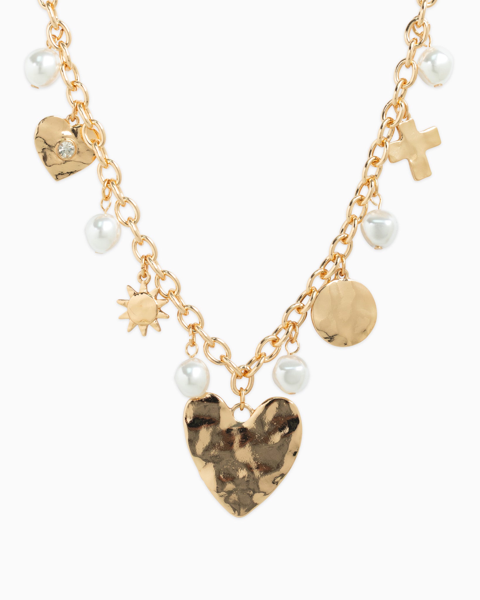 Hammered Heart Pearl Multi Charm Necklace