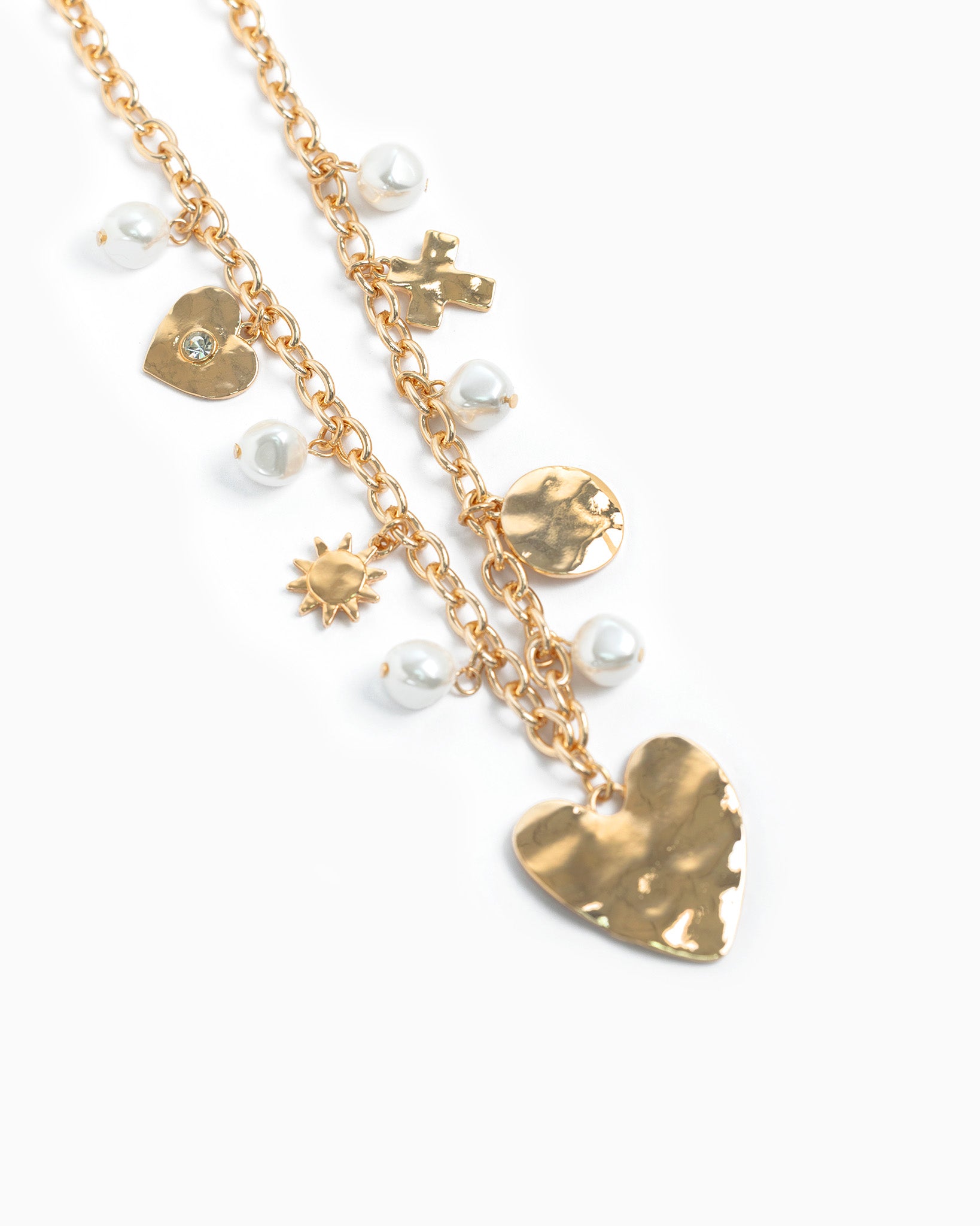 Hammered Heart Pearl Multi Charm Necklace